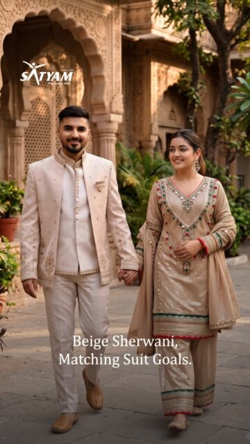 Walk together in matching ethnic wear.
.
A beige sequin kurta set with a multicolour stone neckline, paired with a cream embroidered jacket set. 
.
Sangeet nights, pre-wedding functions and festive gatherings often call for outfits that photograph well together, and beige with gold-toned detailing stays soft and elegant in any lighting.
.
.
.
📍Juni Shukrawari Road, Opp. Bank of India, Sakkardara, Nagpur.
📞 85300 26682
.
[Couple wedding outfit, couple matching dress, Ethnic couple look, wedding Outfit, Indo western couple outfit, Wedding Lehenga, Couple Ethnic Wear, Couple outfit, Ethnic wear, Festive couple outfit ideas, Couple Outfit Goals]

#coupleoutfit #weddingfashion #fashion #groomwear #trending 

📌Comment "PAIR" for price and info.