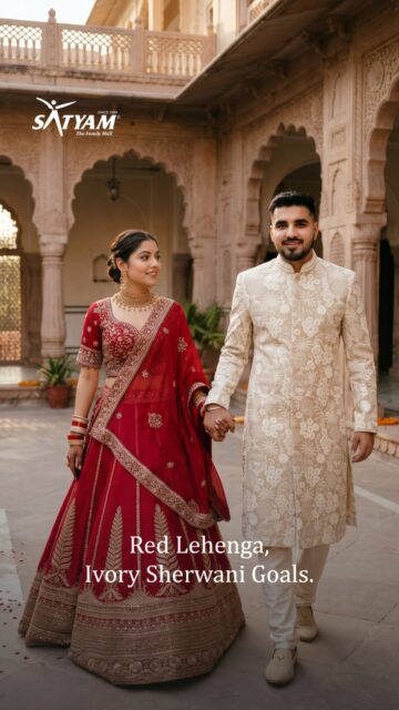 Look royal in Wedding Couple Outfit!
.
Choosing bride and groom outfits separately often leads to clashing tones. 
.
This set keeps both looks aligned, pairing a cream floral-embroidered sherwani, safa and stole with a red lehenga in gold fern-motif borders. 
.
Both outfits suit the same function and the same set of wedding photographs.
.
Is this Red Gold Couple Set your pick?
.
.
.
📍Juni Shukrawari Road, Opp. Bank of India, Sakkardara, Nagpur.
📞 85300 26682
.
[Couple wedding outfit, Ethnic couple look, wedding, Indo western couple outfit, Wedding Lehenga, Sangeet Look, Couple Ethnic Wear, Couple outfit, Ethnic wear, Festive couple outfit ideas, Designer ethnic wear, Couple Fashion, Couple Outfit Goals]

#satyammall #coupleogals #weddingfashion #fashion #explore